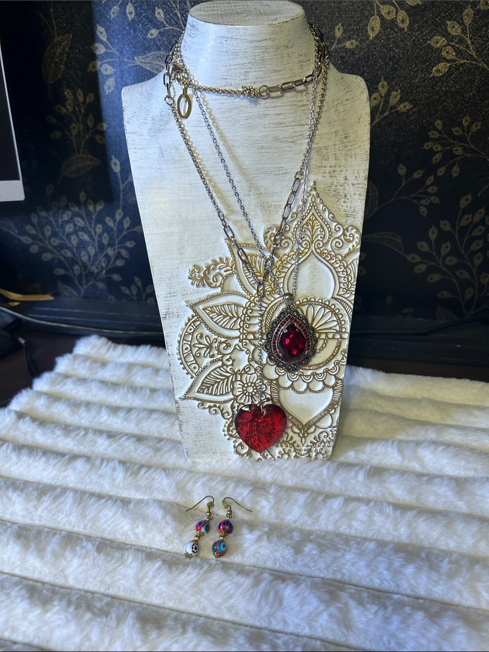 3 pc Gold-Tone Set with Red Gem and Heart Pendants necklaces
